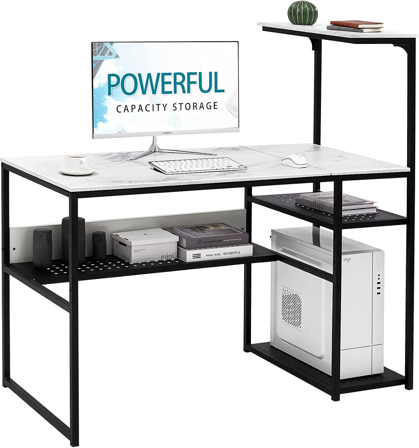 SINPAID White Computer Desk with Storage Shelves 40 Inch Home Office Desk Writing Table for Small Spaces, Student Study Desk with Bookshelves and CPU Stand Small Desk (40 Inch, White & Orange)