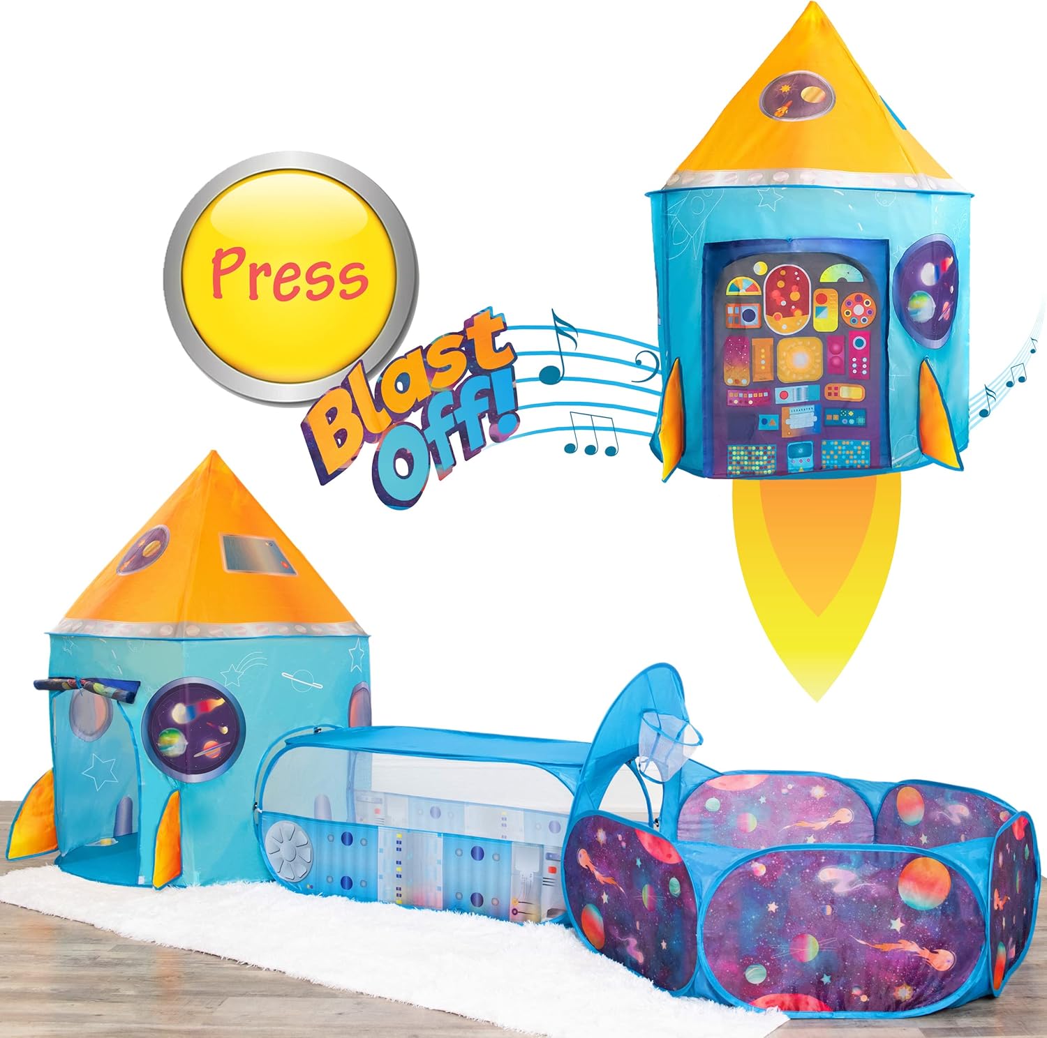 Kidcove Kids Play Tent with Tunnel and Blast Off Button, Kids Ball Pits for Toddlers 1-3, Toddler Ball Pit Tent and Kids Tunnel for Toddlers 1-3, Baby Tunnel Crawl Indoor Ballpit and Rocket Ship Tent Pack of 2