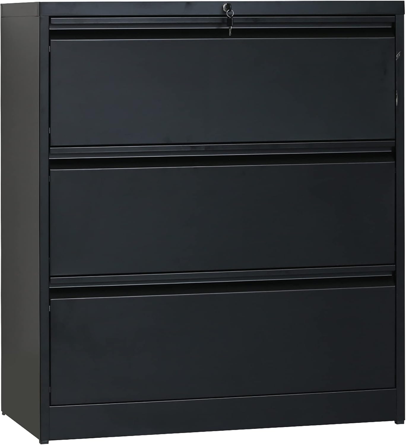 Lateral File Cabinet, Rockjame 3 Drawers Metal Lockable Filing Cabinet for Commercial Grade Office Legal and Letter File (Black)