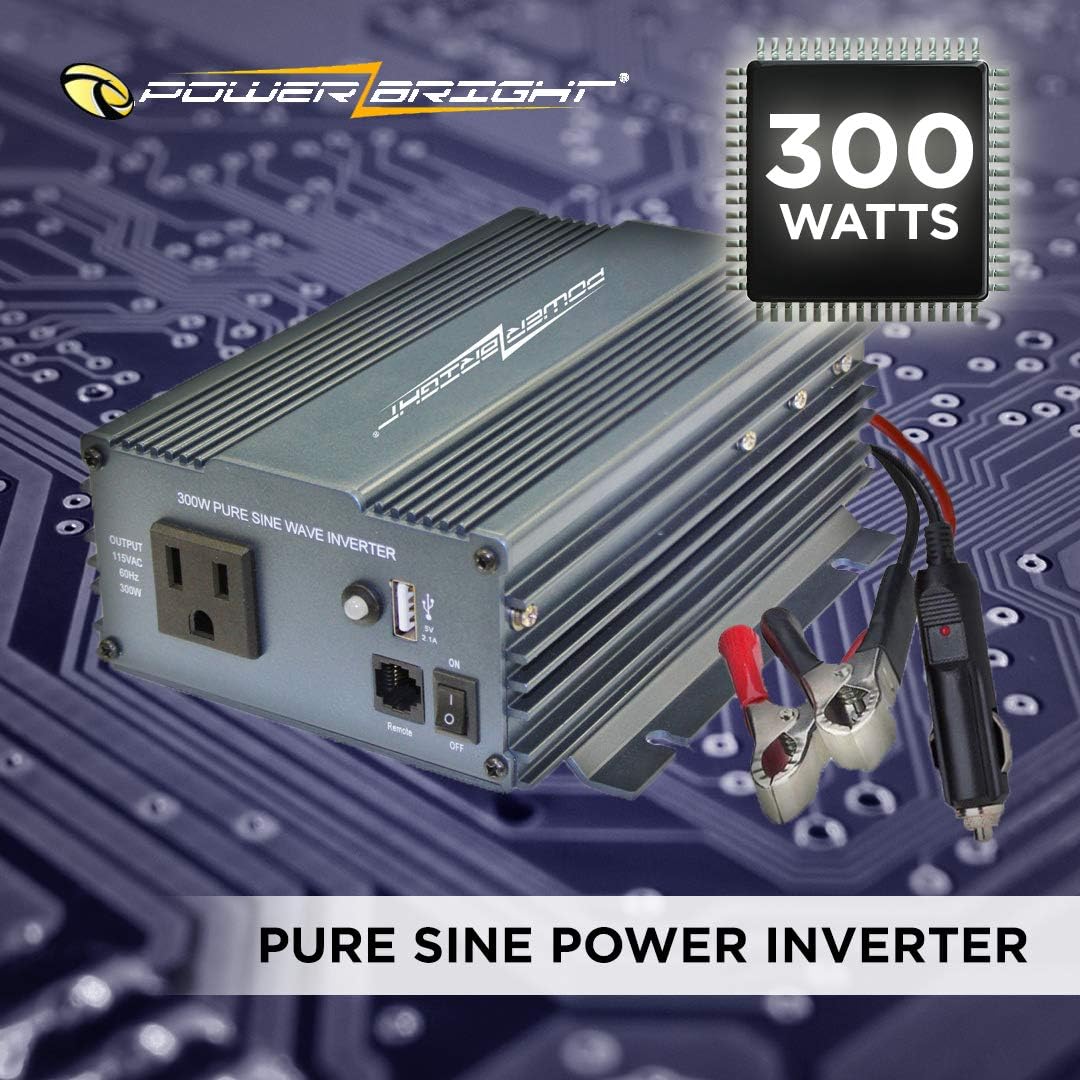 PowerBright Pure Sine Power Inverter 300 Watt True Sine Continuous 12 Volt DC to 115 Volt AC with USB Charging Port - Perfect for an Emergency, Hurricane, Storm Outage Pack of 2