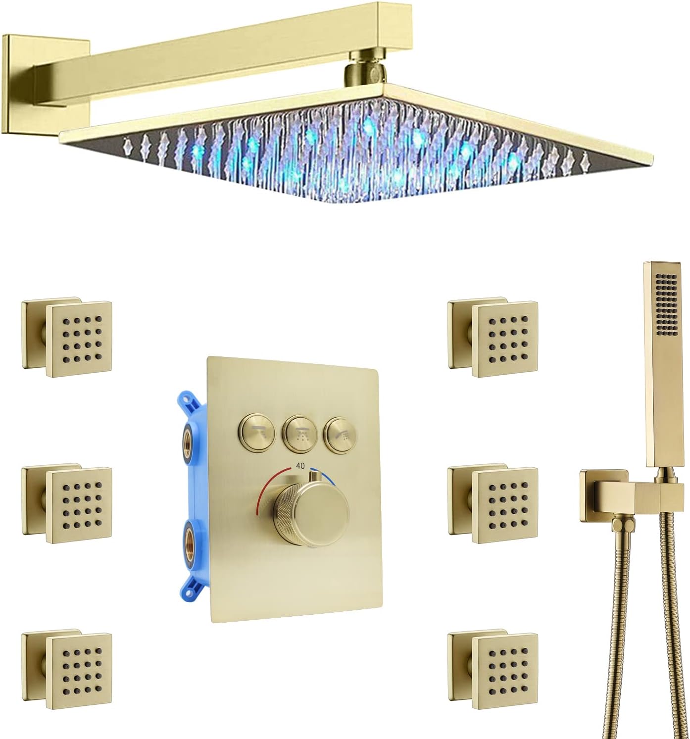 Enga 12 Inch Ceiling Rain Shower Head Combo System with Body Jets and Handheld, Black Shower Faucet Fixture Set, Can Use All Options at A Time (Matte Black)