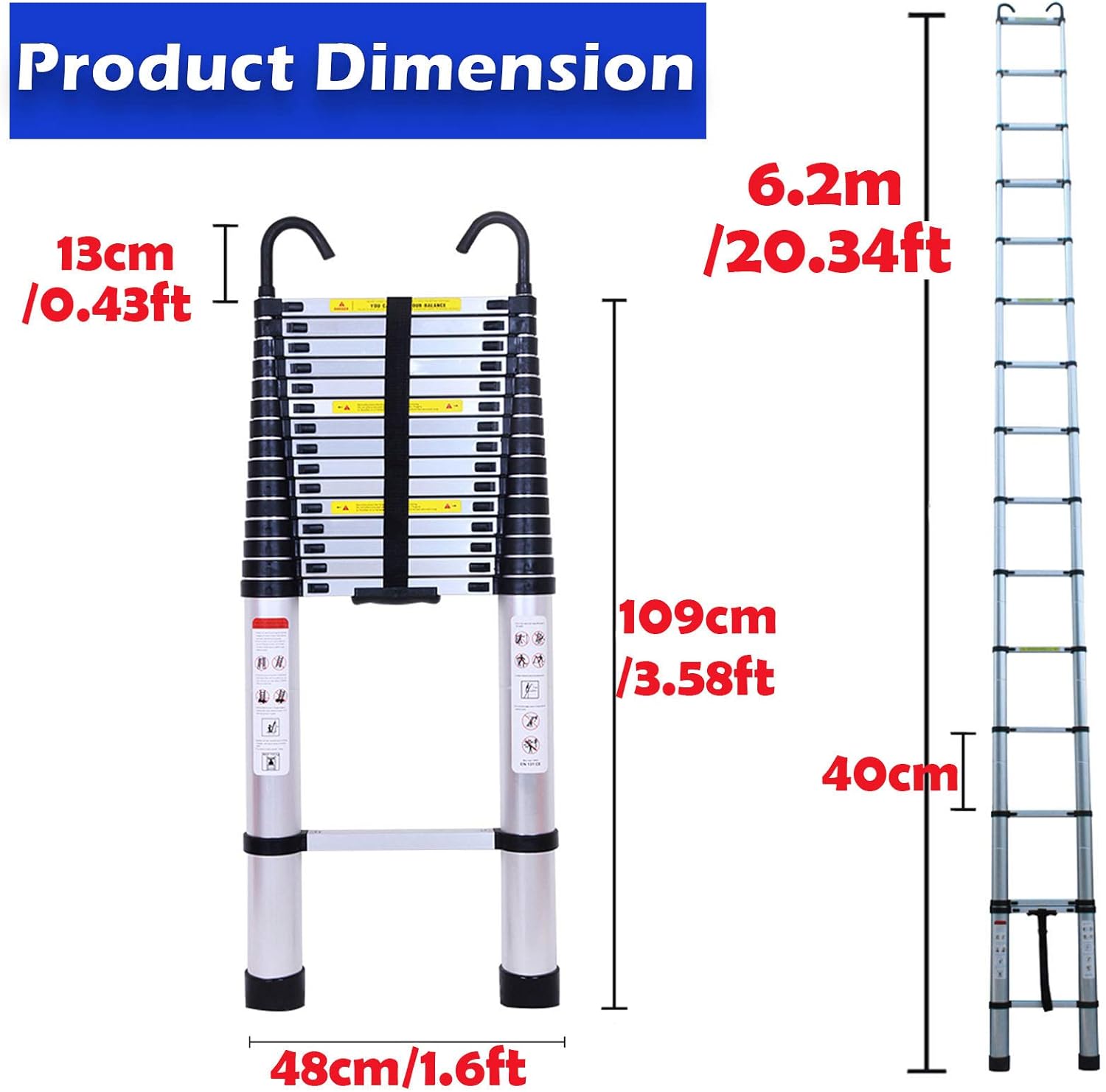 20FT Telescoping Ladder Aluminum Extension Ladder EN131 with 2 Detachable Hooks, 330lb Max Load Heavy Duty Portable Straight Ladder for Home DIY Loft Office, 3.58FT Folded Size Easy to Store