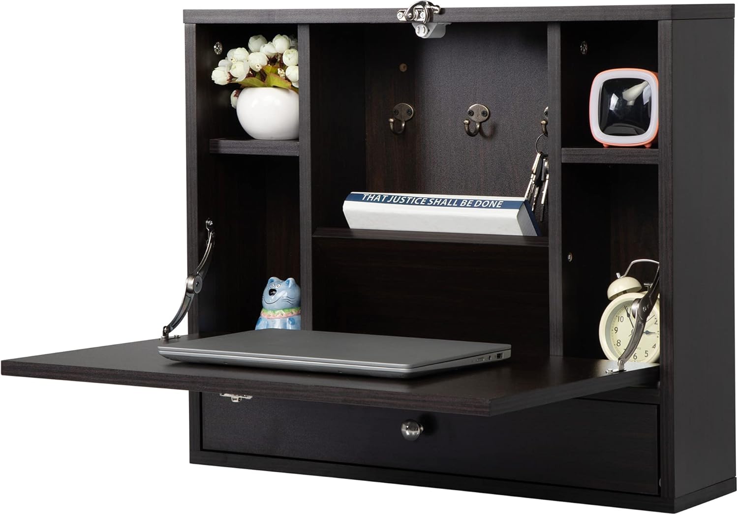 Multi-Function Folding Floating Laptop Table, Wall Mount Computer Desk, Hanging Cabinet w/Storage Shelf & Drawer for Study, Bedroom, Home Office,Black Pack of 2