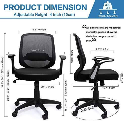 KOLLIEE Mid Back Mesh Office Chair Ergonomic Swivel Black Desk Office Chair Flip Up Armrests with Lumbar Support Adjustable Heig