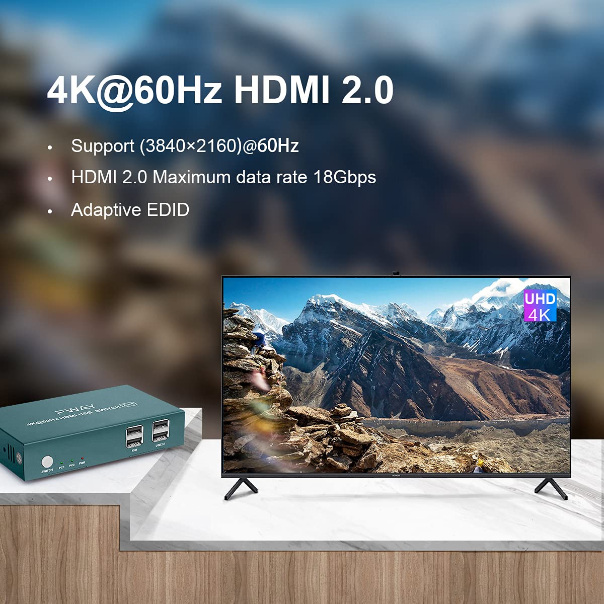 KVM Switch HDMI 2 Port, 4K@60Hz with 2 USB 2.0 Hub and Hotkey Switch Supported, USB HDMI Switch for 2 Computers Share Keyboard Mouse and one HD Monitor, with 2 HDMI and 2 USB Cables Pack of 2