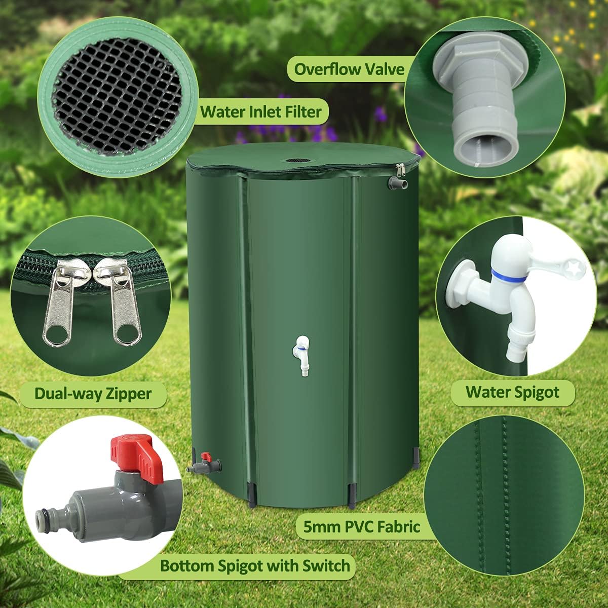 BreeRainz 100 Gallon Collapsible Rain Barrel with Spigots, 100 Gal Foldable Rainwater Barrel, Rain Water Barrel Collector for Downspout, with Filter Overflow Valve Kit (Green) (ta122u) Pack of 2