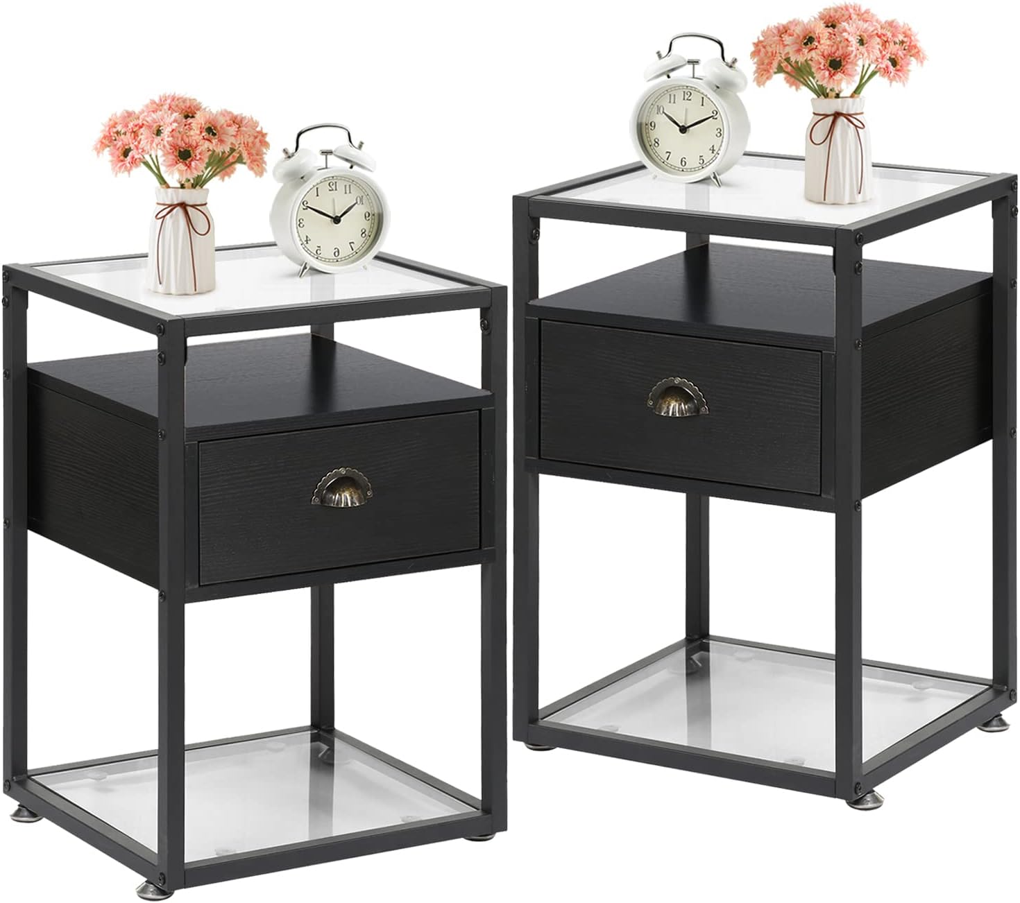 VECELO End Side Table,Tempered Glass Nightstand with 2 Drawers and Modern Shelf Decoration in Living Room,Bedroom, 1 Set, Black