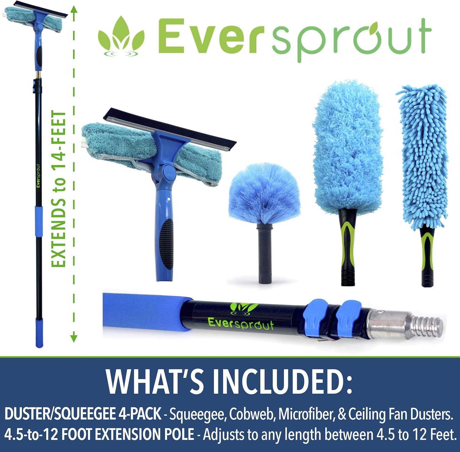 EVERSPROUT 5-to-14 Foot 4-Pack Duster Squeegee Kit with Extension-Pole (20+ Foot Reach) | Swivel Squeegee, Hand-Packaged Cobweb Duster, Microfiber Feather Duster, Ceiling Fan Duster, Telescopic Pole