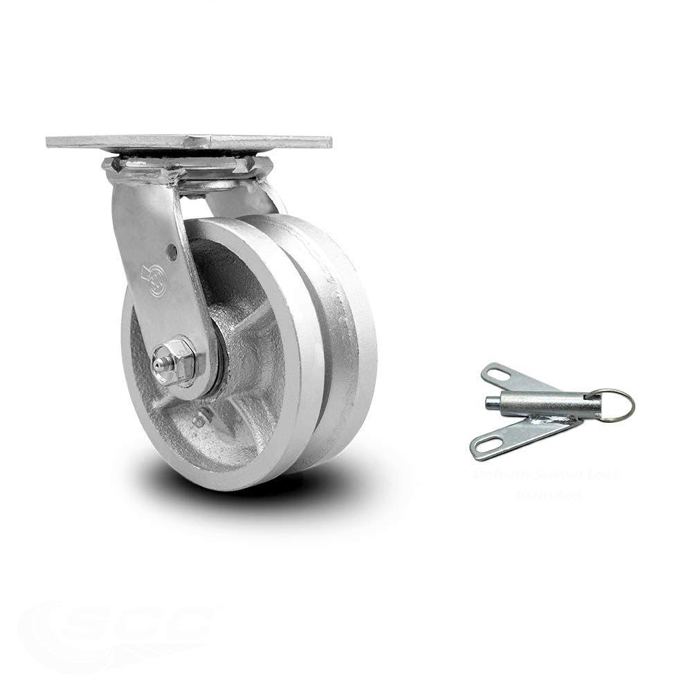V Groove Semi Steel Cast Iron Swivel Top Plate Caster w/5 inch x 2 inch Silver Wheel u0026 Bolt on Swivel Lock - 1100 lbs Capaci