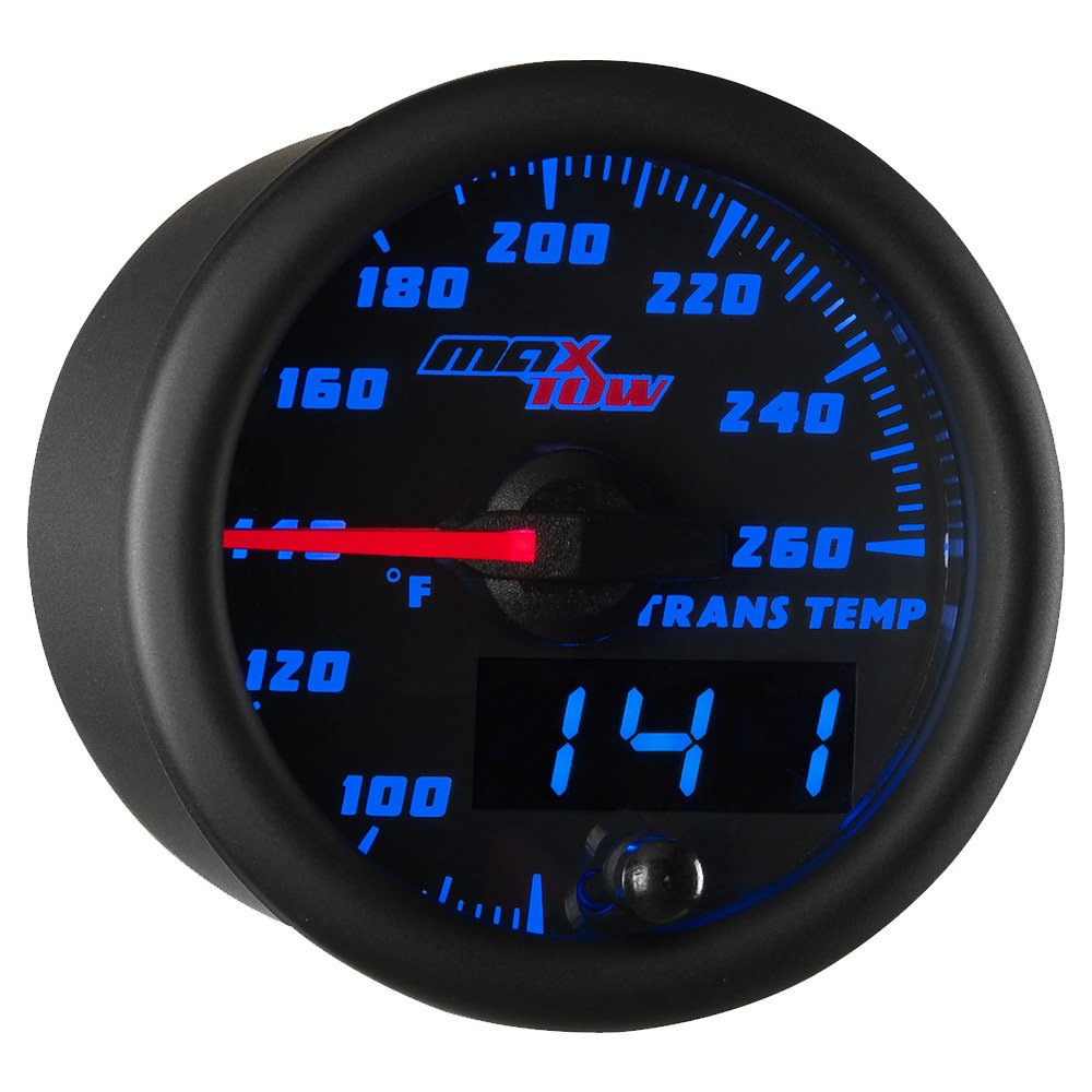 MaxTow Double Vision 260 F Transmission Temperature Gauge Kit - Includes Electronic Sensor - Black Gauge Face - Blue LED Illuminated Dial - Analog & Digital Readouts - for Trucks - 2-1/16