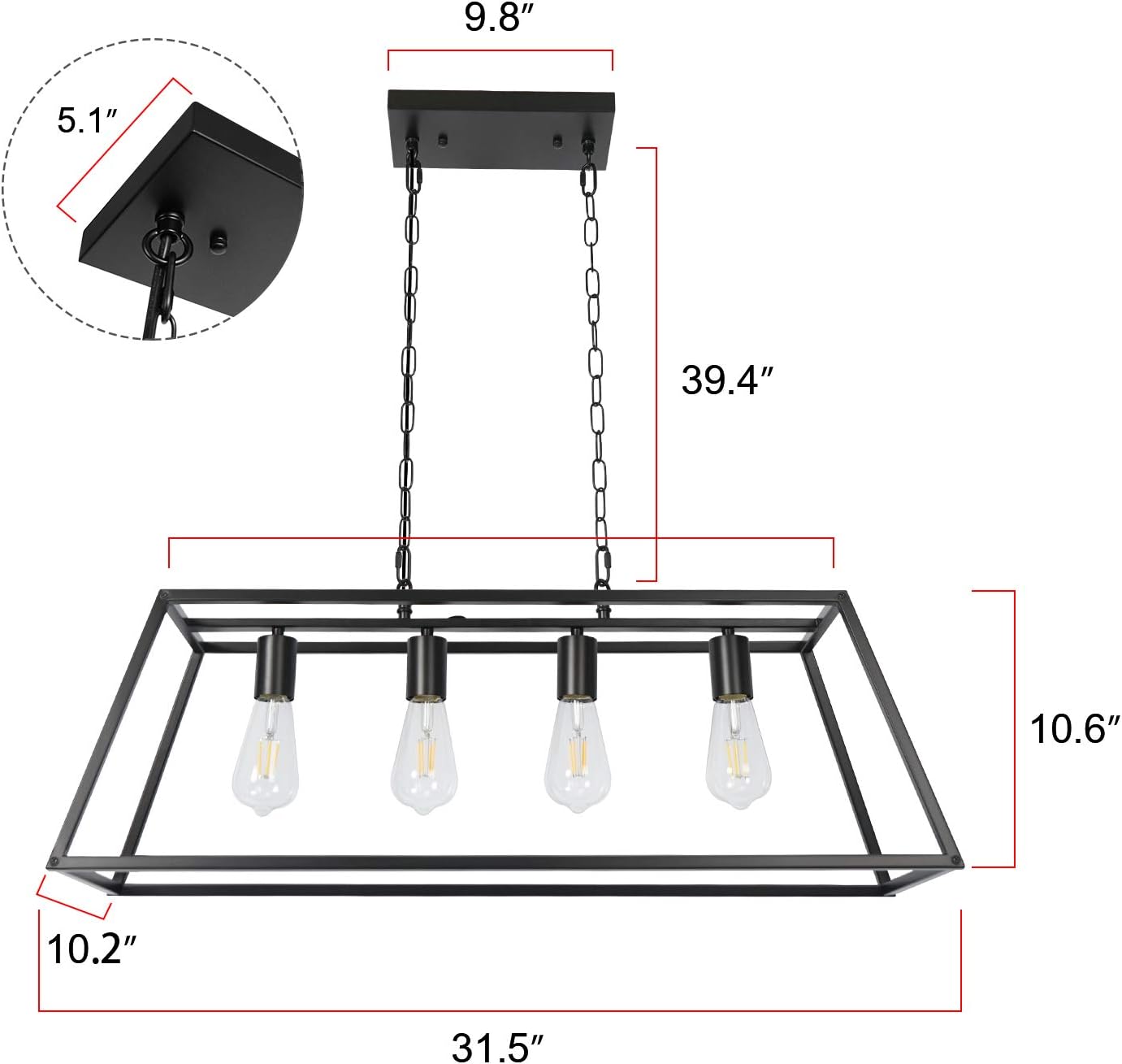 Black Modern Kitchen Island Lighting Farmhouse Chandelier Industrial Ceiling Light Fixtures for Kitchen, Dining Room, Living Room, Bar, Foyer (4-Light)