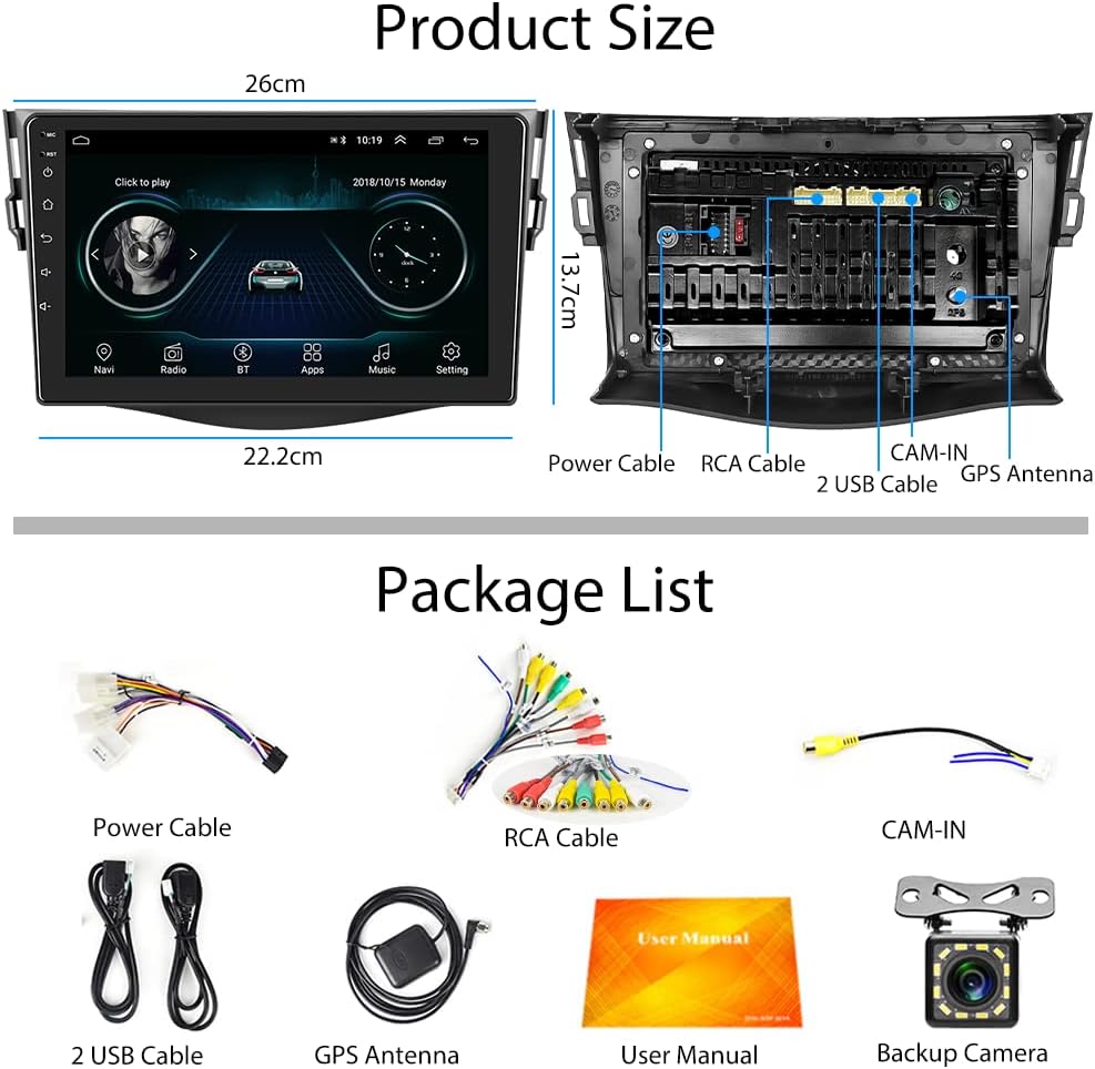 for Toyota RAV4 Radio Android Car Stereo 9 Inch Touchscreen Head Unit Bluetooth FM EQ SWC WiFi Mirror Link + Backup Camera for Toyota RAV 4 2007-2012