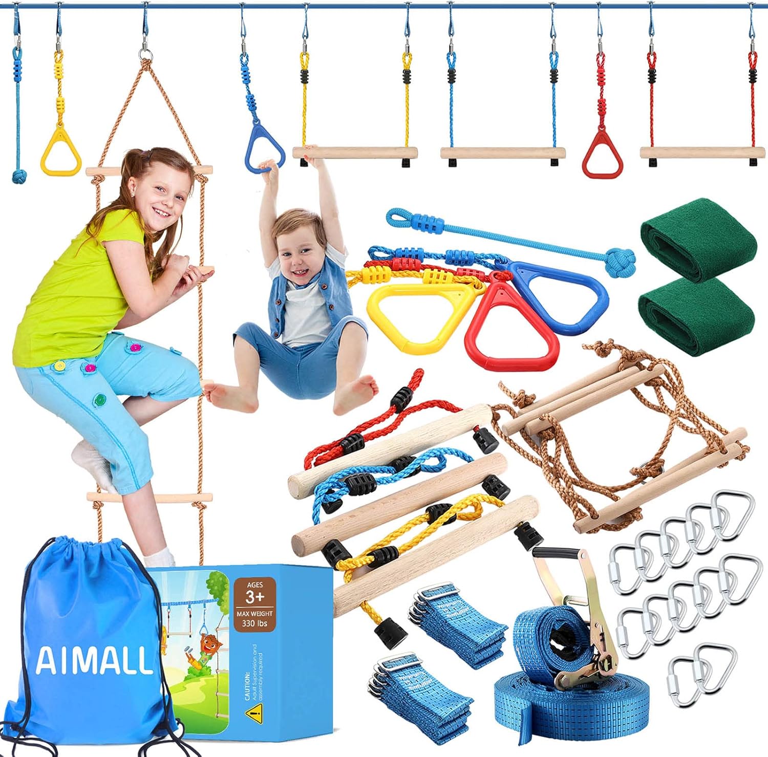 Aimall Ninja Warrior Obstacle Course for Kids - Super Safe 50 Ft Slackline with 8 Durable Obstacles, Backyard Playground, Outdoor Jungle Gym - Obstacle Course for Kids