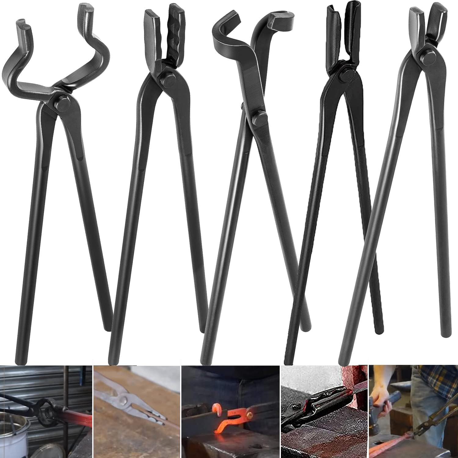 Blacksmith Tongs Tools Set For Anvil, Knife Making Set 5PCS Includes Flat Tongs & Square Jaw Tongs & Bolt Tongs & Blade Tongs & Wolf Jaw tongs