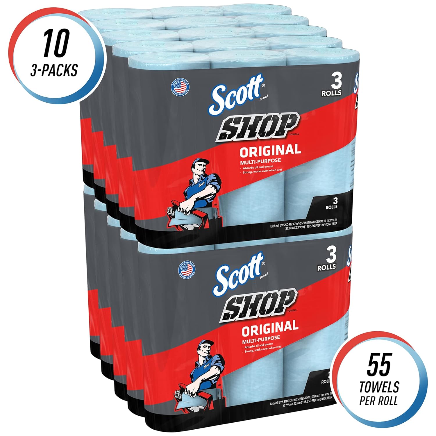 Scott Shop Towels Original (75143), Blue, 55 Sheets / Standard Roll, 30 Rolls / Case (10 Bundles of 3 Rolls), 1,650 Towels / Case Pack of 2
