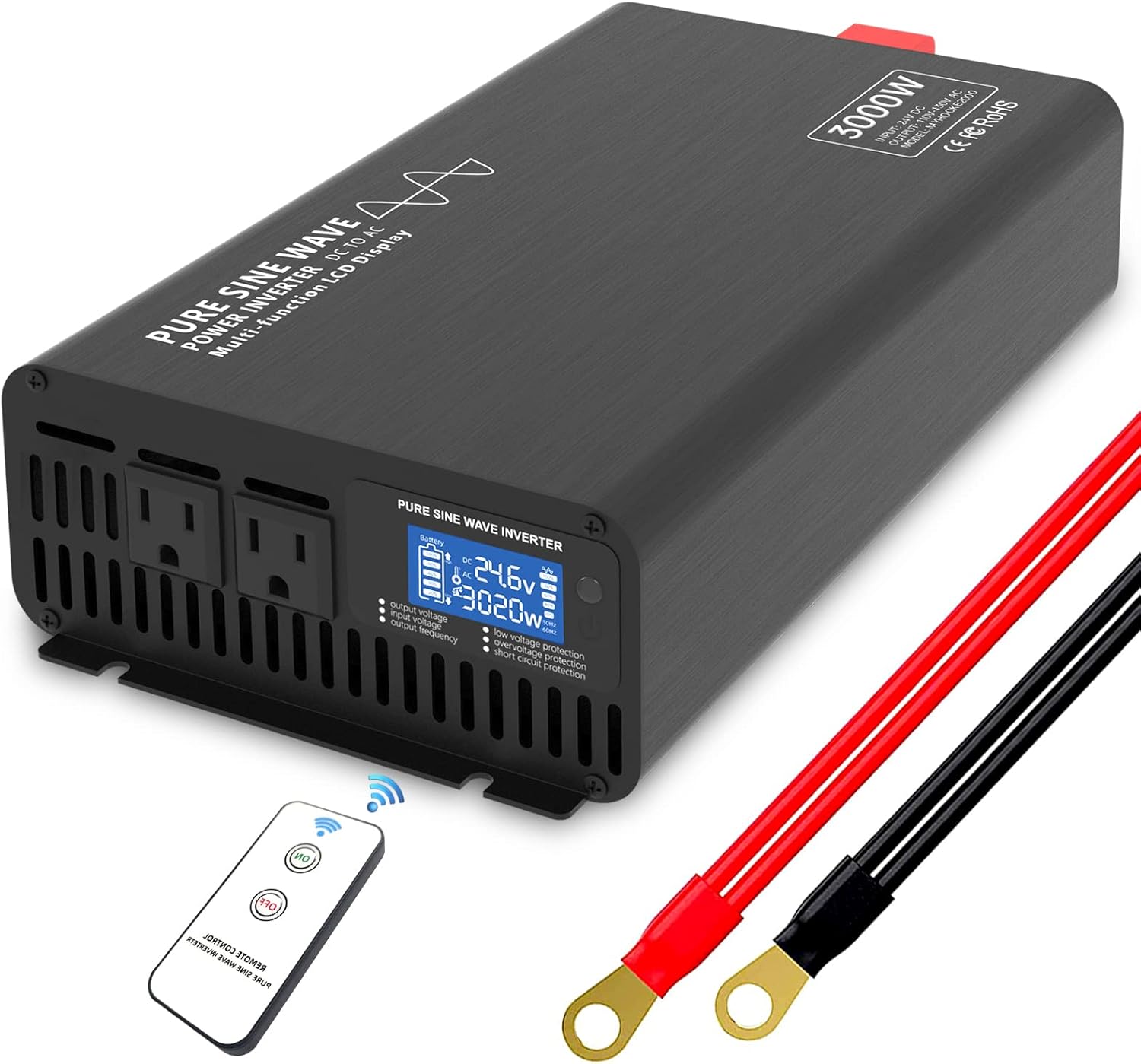 Pure Sine Wave Power Inverter, 3000W Power Inverter DC 24V to AC 110V-130V Car Converter for RV Truck Boat Solar System with LCD Display and Wireless Remote Control