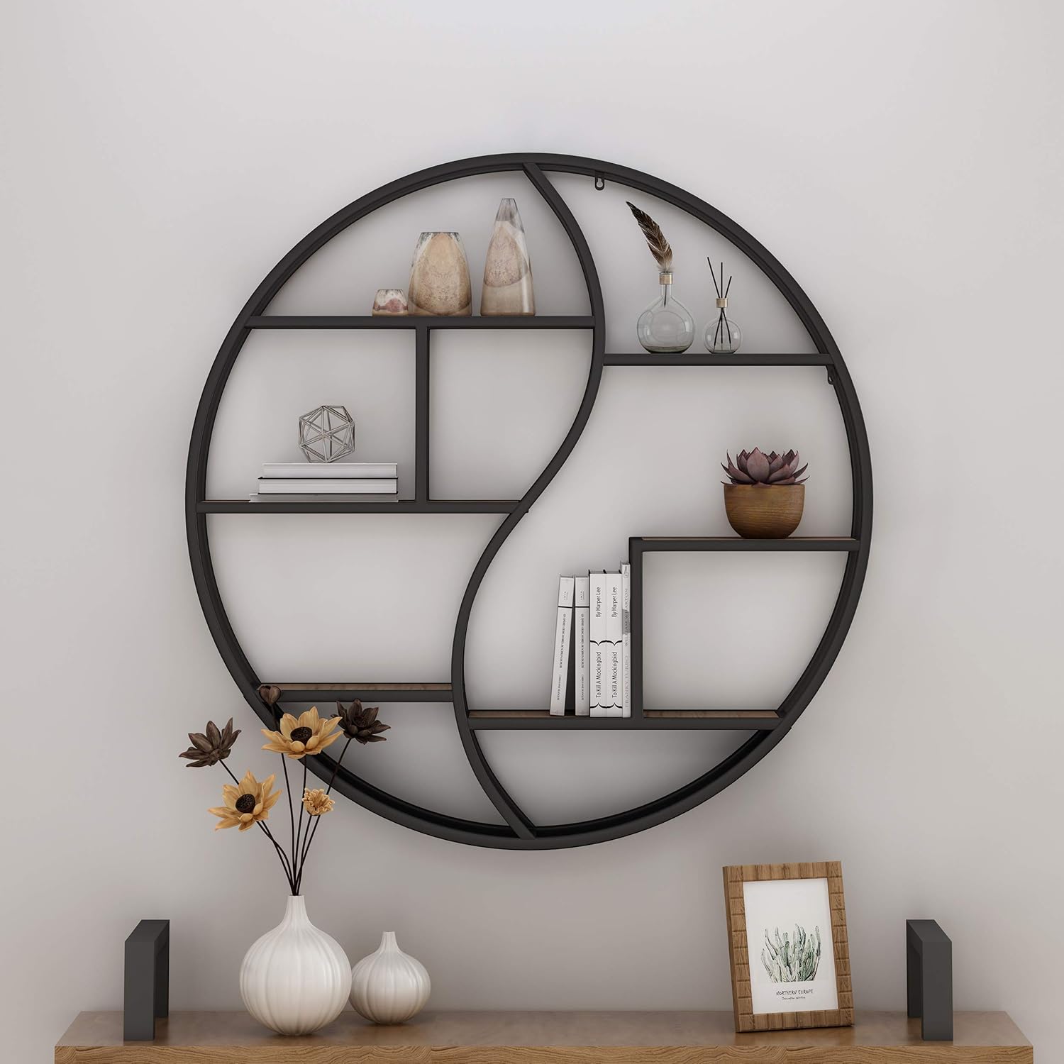 Christopher Knight Home Bobby Industrial Hanging Circular Wall Shelf, Black Finish, Natural