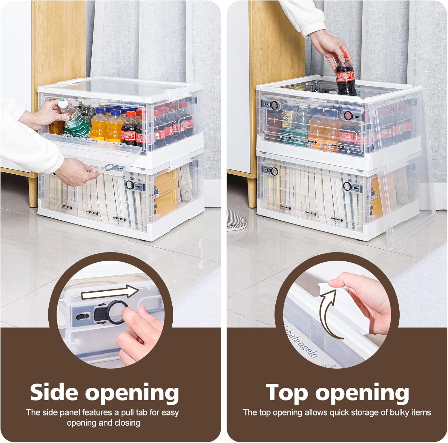 Homde 2 Pack Transparent Storage Bins With Wheels , Double Doors Plastic Foldable Box,Large Stackable Organizer Box Containers with Lids,2 Ways to Open for Living Room,Bedroom,Kitchen and Office Clear