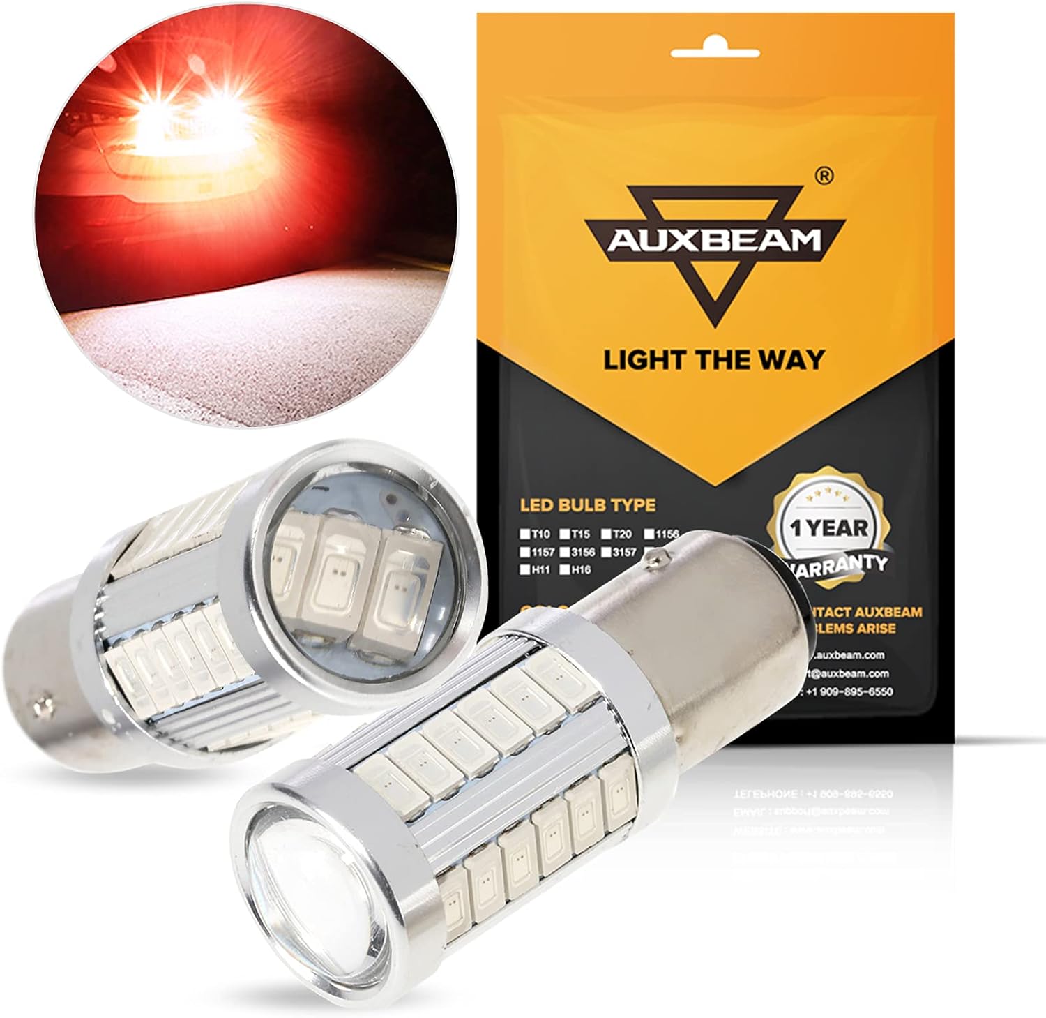 Auxbeam 1157 Led Backup Reverse Light Bulb, Super Bright White 1157 2057 2357 7528 BAY15D LED Bulb for Backup, Reverse, Tail, Parking, DRL Light, 33-SMD LED Chipsets with Projector, Pack of 2