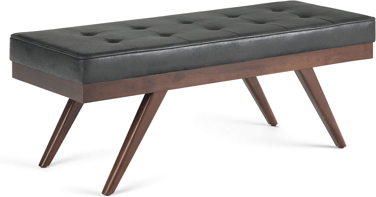 SIMPLIHOME Pierce 48 inch Wide Rectangle Ottoman Bench Distressed Black Tufted Footrest Stool, Faux Air Leather for Living Room, Bedroom, Mid Century
