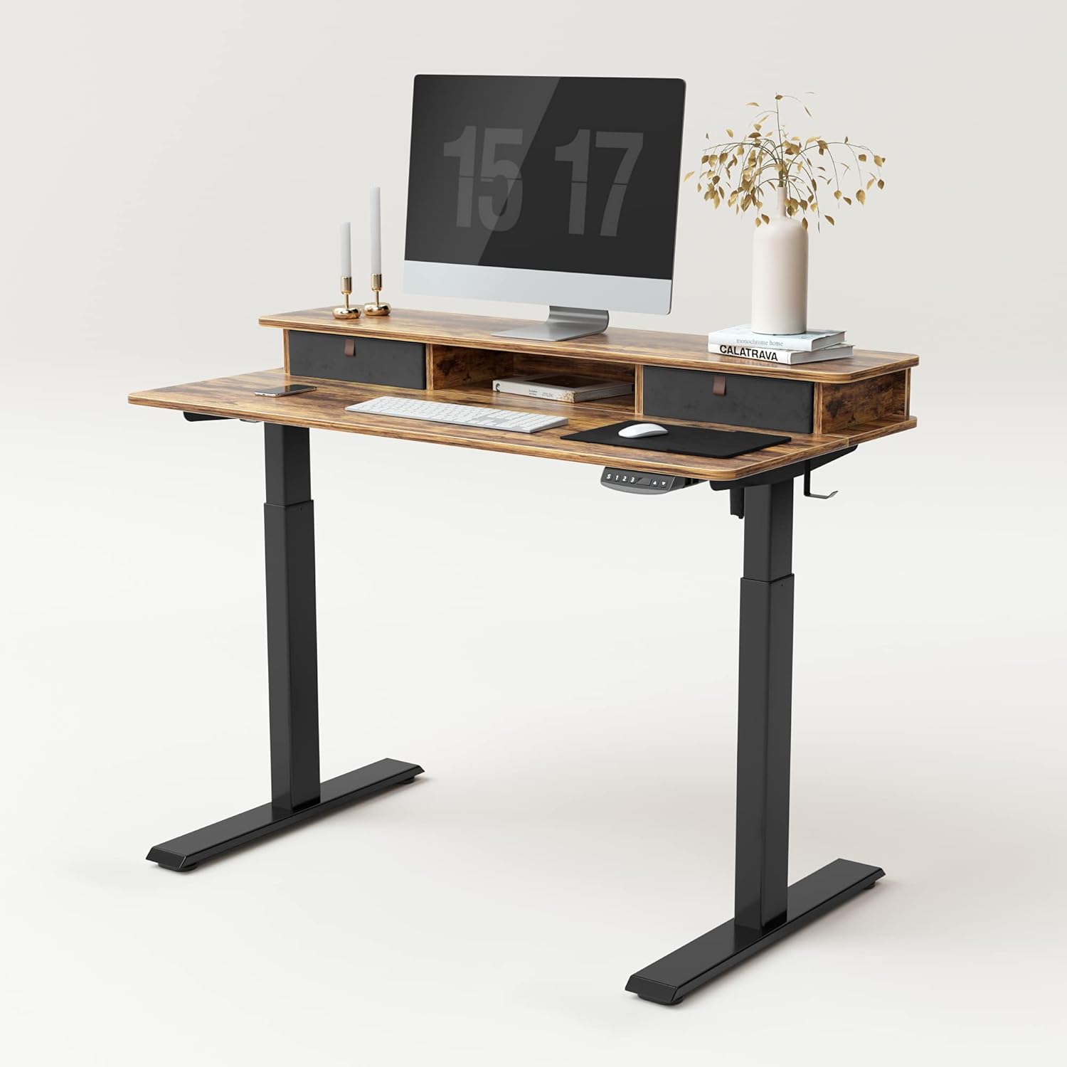 BANTI Electric Standing Desk with Double Drawers, 48x24 Inches Adjustable Height Stand Up Desk, Sit Stand Home Office Desk with Storage Shelf, Rustic Brown Top/Black Frame