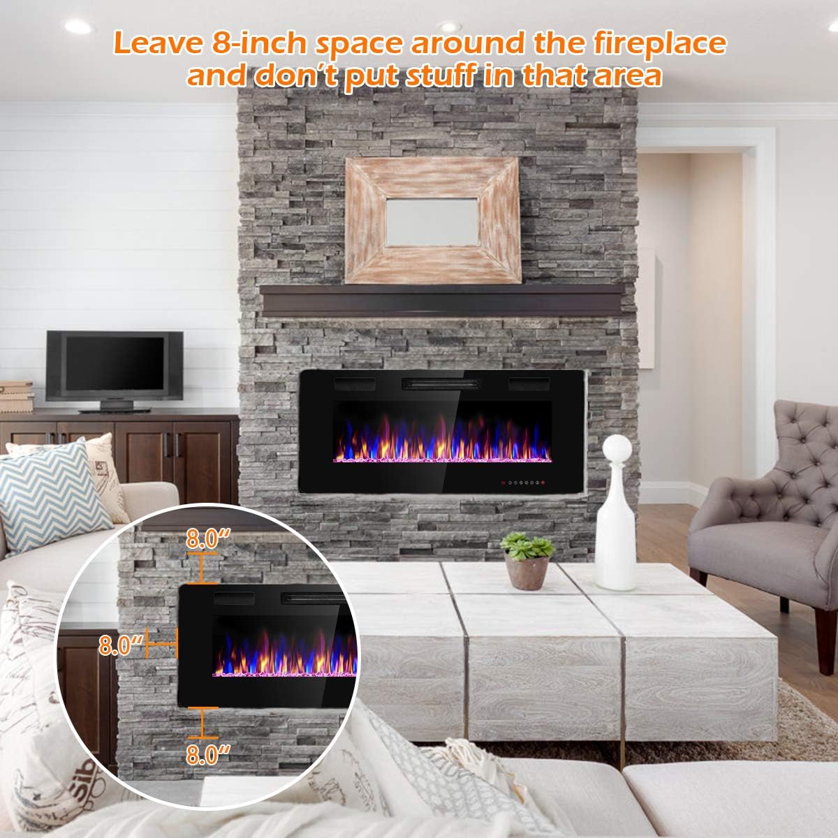 Tangkula 42 Inches Recessed Electric Fireplace, in-Wall & Wall Mounted Electric Heater with Adjustable Flame Color & Speed, Remote Control, Touch Screen, 750-1500W (42 Inches)