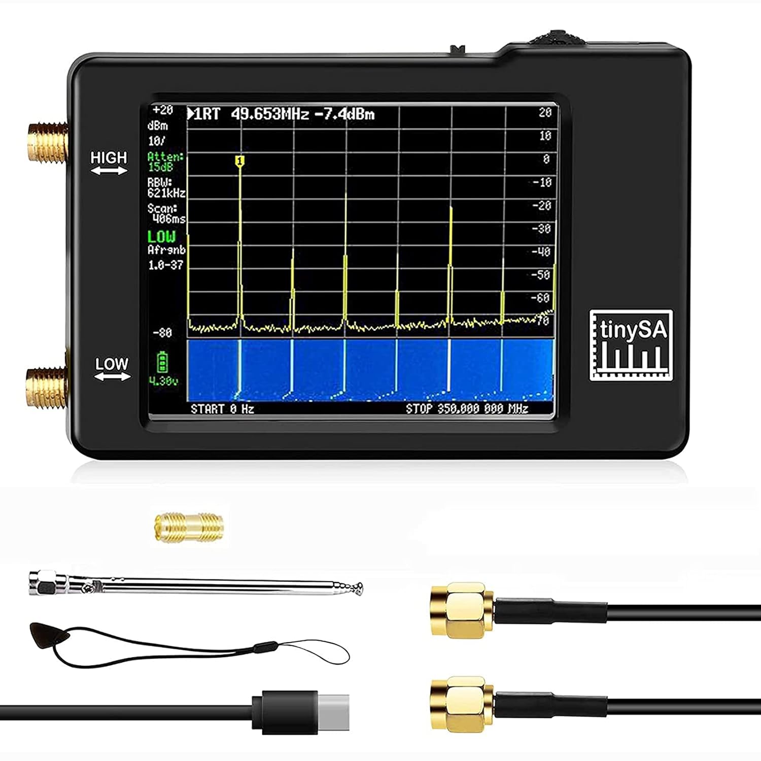 TinySA Spectrum Analyzer,Handheld Tiny Spectrum Analyzer TinySA 2.8inch Touch Screen,Portable Frequency Analyzer 0.1MHz~ 960MHz MF/HF/VHF UHF Input, Signal Generator with Battery Pack of 2