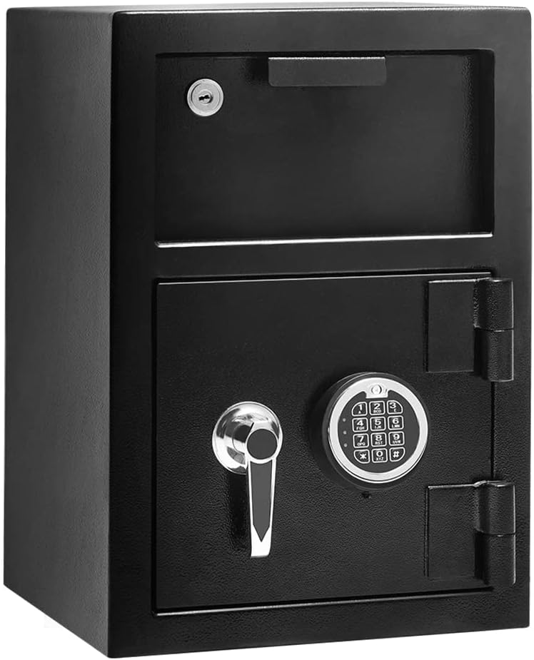 Depository Safe with Drop Slot, Metal Drop Safe Box Digital Deposit Safes Cabinet for Home Office, Electronic Keypad & Key Lock, Business, Money, (Black, Metal Steel Frame)