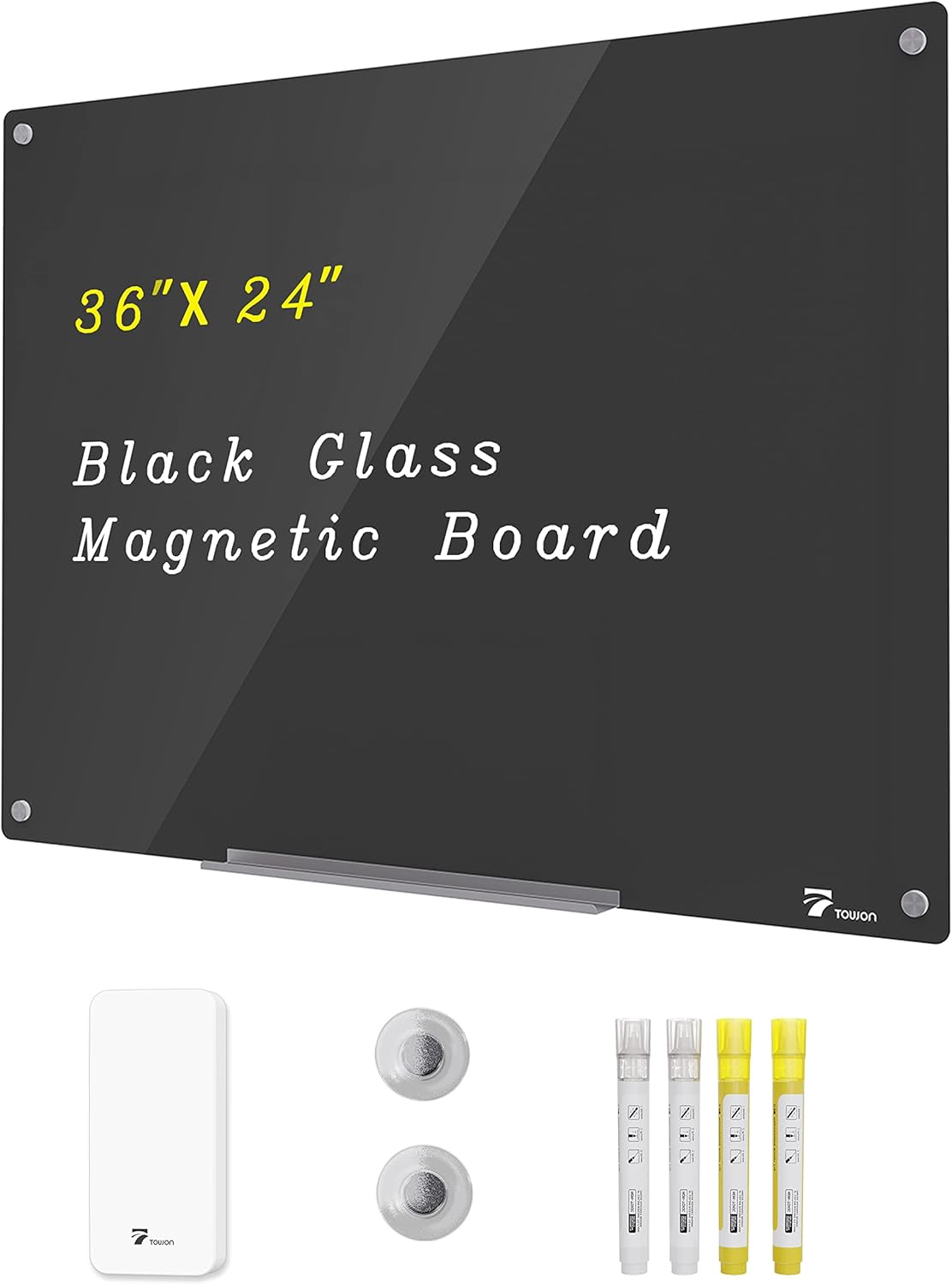 TOWON Glass Magnetic Dry Erase Board, Whiteboard for Wall, Clear Glass White Board with Pen Tray, Black Surface, Frameless, Black, 47 x 35 Inches