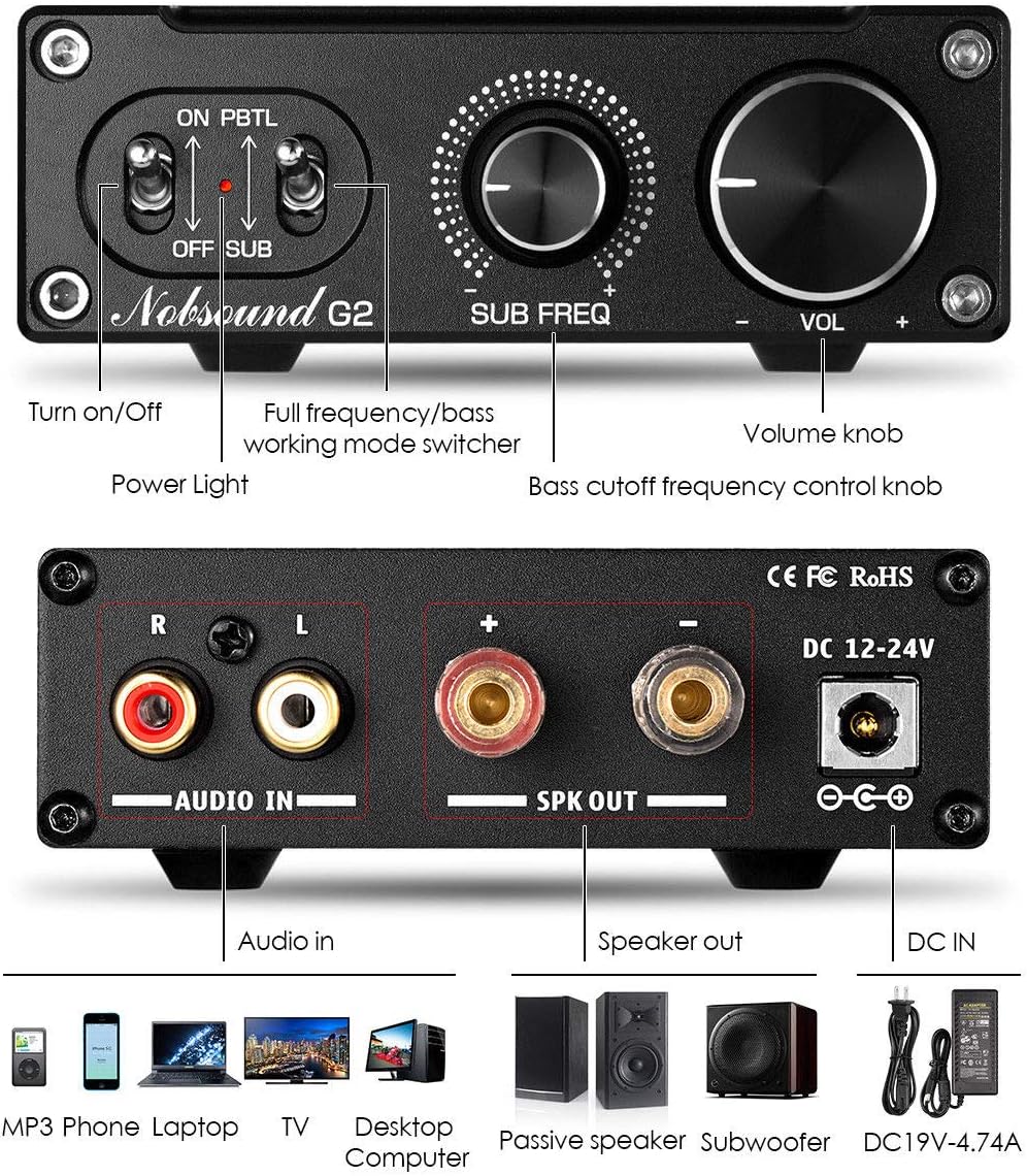 Nobsound G2 Subwoofer Power Amplifier Mini Mono SUB Amp 100W PBTL BTL Bridge Home Theater Pack of 2