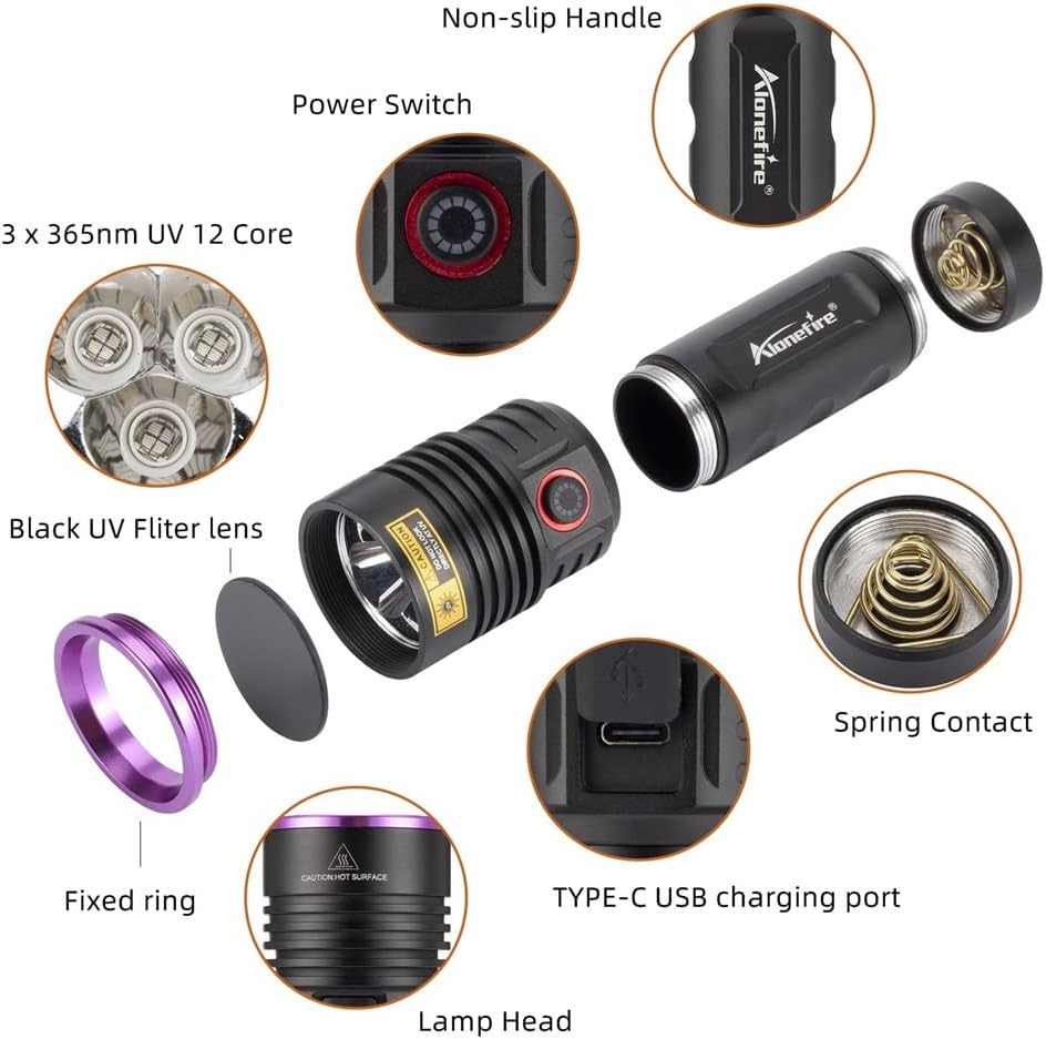 Alonefire SV53 36W 365nm UV Flashlight USB Rechargeable Ultraviolet Black Light Pet Urine Detector for Resin Curing, Fishing, Scorpion, Dry Glue, Minerals with UV Protective Glasses, Battery Included