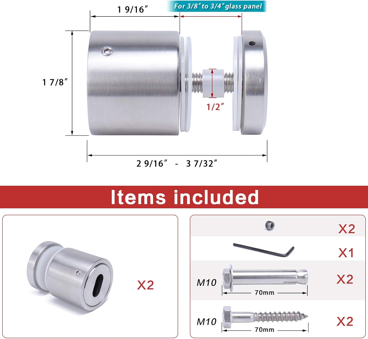 Muzata Glass Standoff Screws Heavy Duty T304 Stainless Steel Glass Pin for Glass Railing Side Mounted 1 7/8 inch 2 Pack GF24, GR1 LN4 PT4 Pack of 2