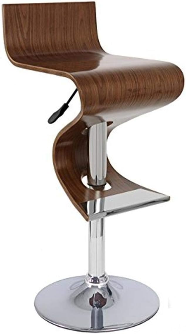 Creative Images International Wave Collection Height Adjustable Walnut Wood Swivel Bar Stool with Low Backrest and Gas Lift, Walnut