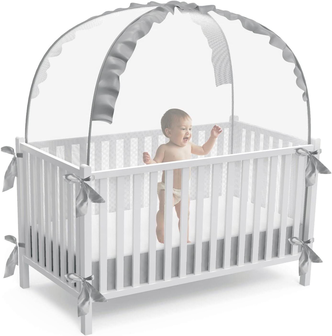 Baby Safety Crib Tent to Keep Baby from Climbing Out, Jowenia Firm Mesh Baby Crib Net to Keep Baby in, White Pop Up Net with Hidden Zipper, Crib Canopy Pack of 2