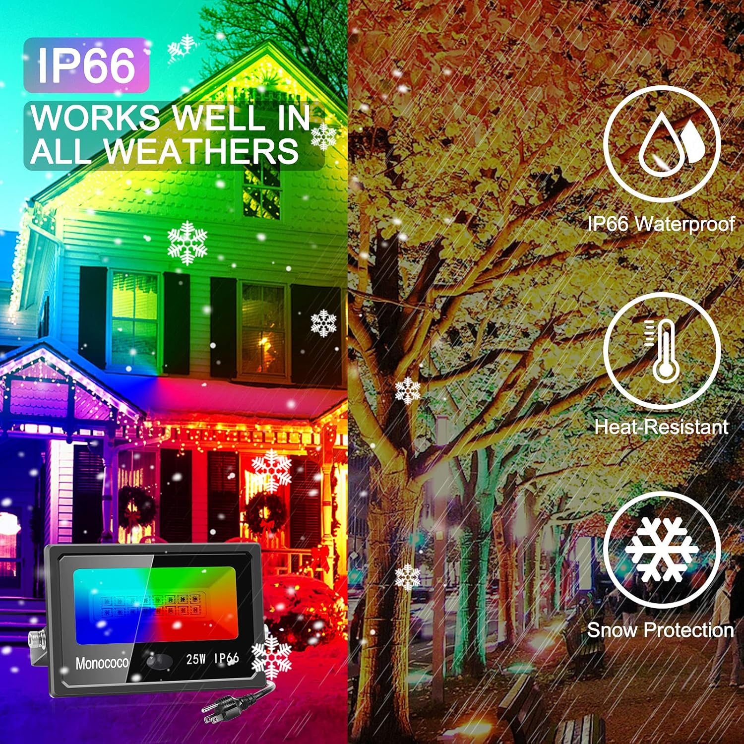 RGB LED Flood Light, Monococo Color Changing Floodlights 25W, Dimmable Timing Remote Control IP66 Halloween Christmas Party Garden Stage, Decoration Landscape Spotlights 4 Pack Pack of 2