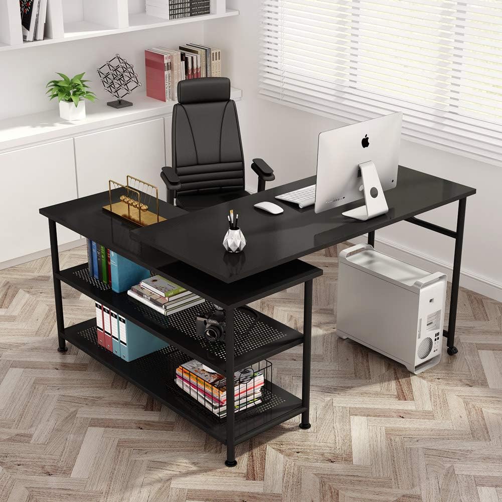 Tribesigns Modern L-Shaped Desk with Storage Shelves, 360°Rotating Desk Corner Computer Desk Study Writing Table Workstation with Open Shelves for Home Office, High Glossy Finish (Black)