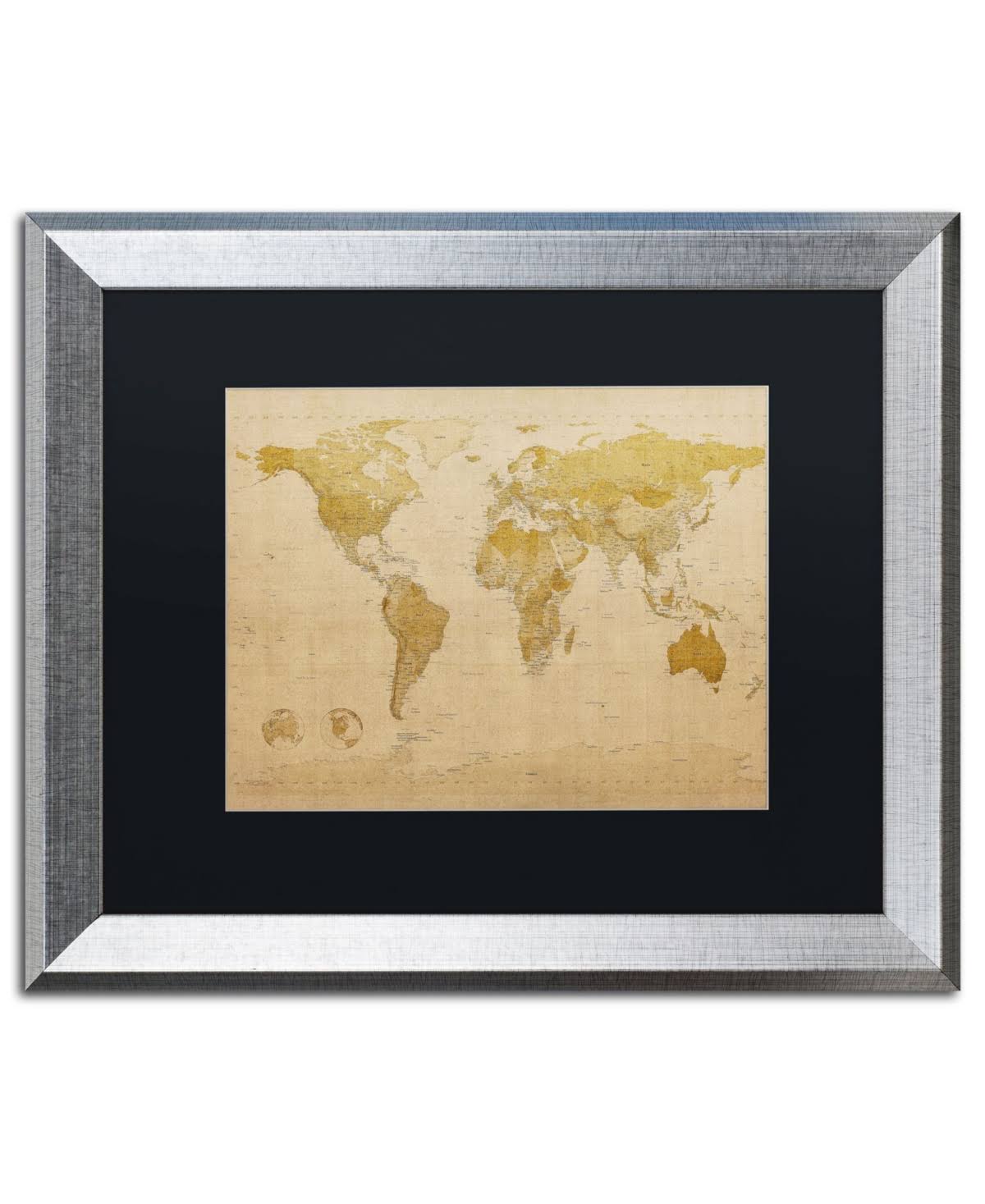 Trademark Fine Art Antique World Map by Michael Tompsett, Black Matte, Silver Frame 16x20-Inch