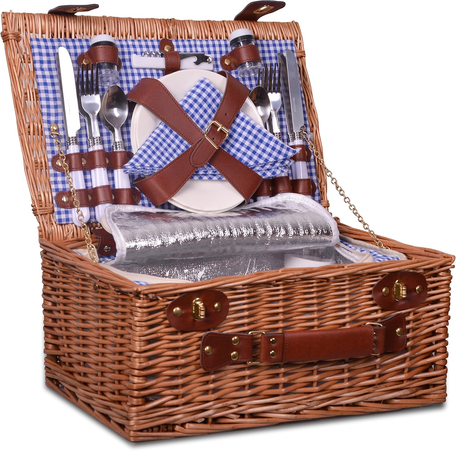 Picnic Basket for 4 Wicker Picnic Set with Insulated Liner for Camping,Wedding,Valentine Day,Gift - Reinforced Handle, Blue Pack of 2