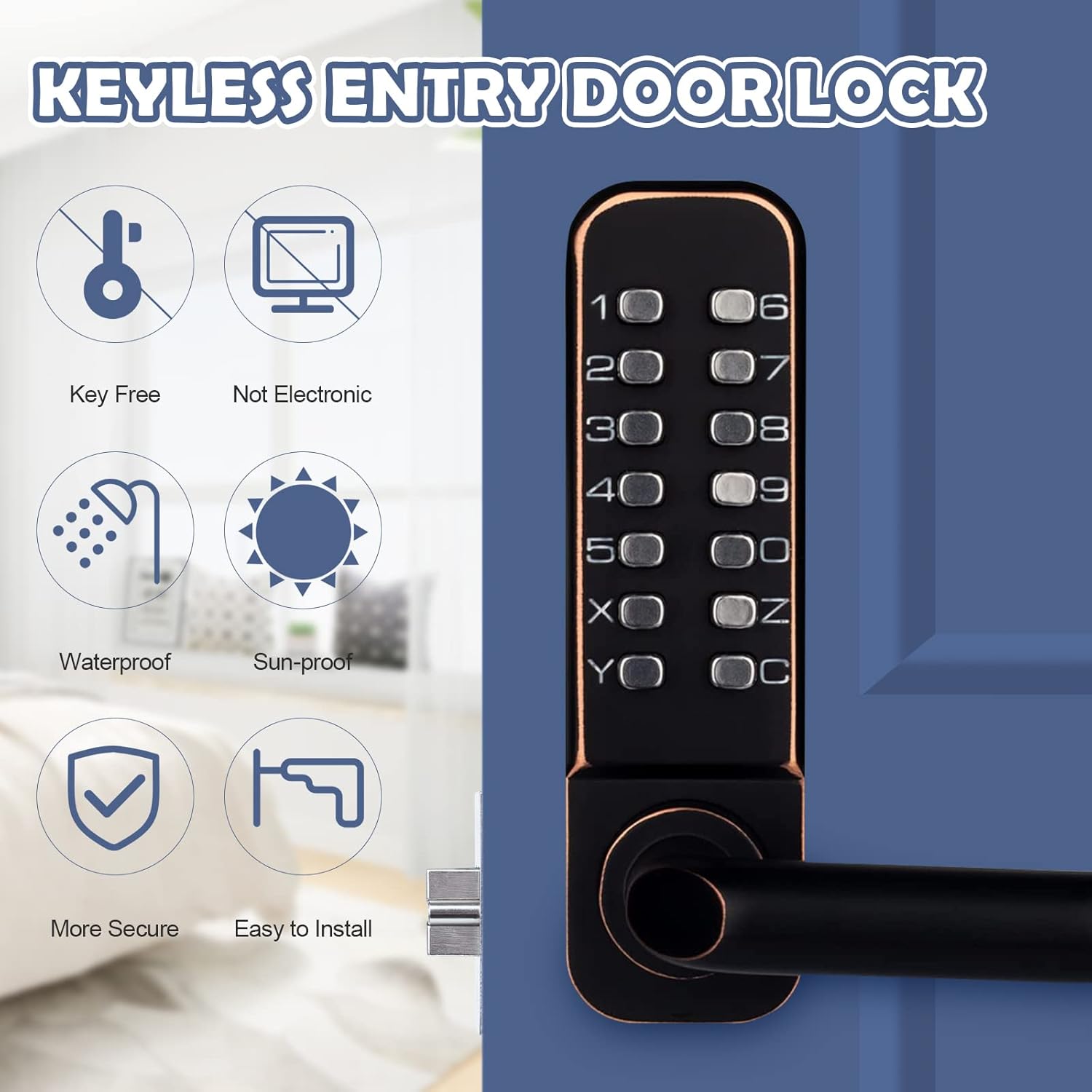 CODACE Keyless Entry Door Lock with Keypads, Double Sided Keypad Door Knob Lock with Lever Handle, Combination Code Door Lock, Mechanical Gate Lock for Outdoor Fences, Front Doors, Not Deadbolt, Black