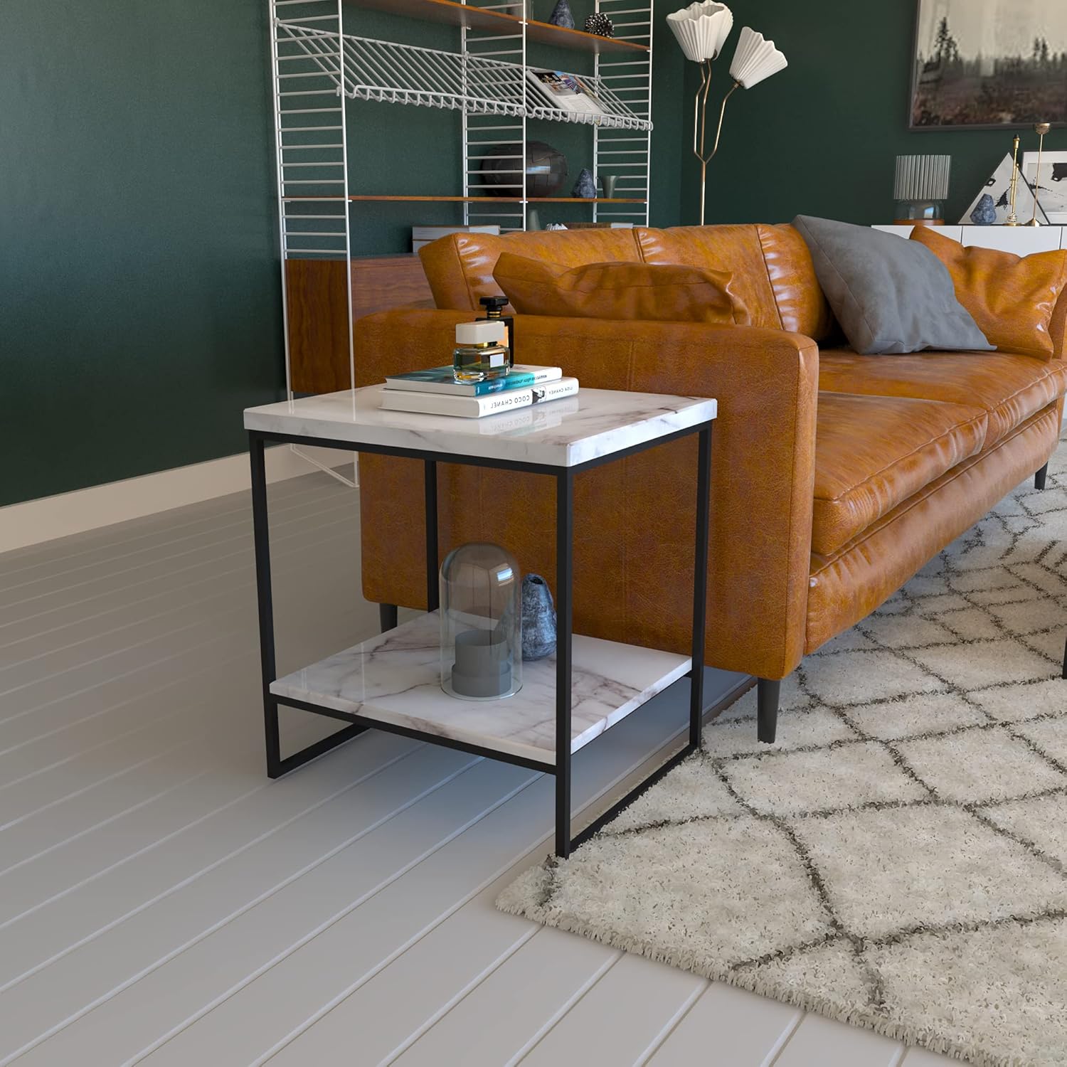 Tilly Lin Faux Marble Side Table, Water Resistant Accent End Table with Lower Shelf for Living Room, Bed Room