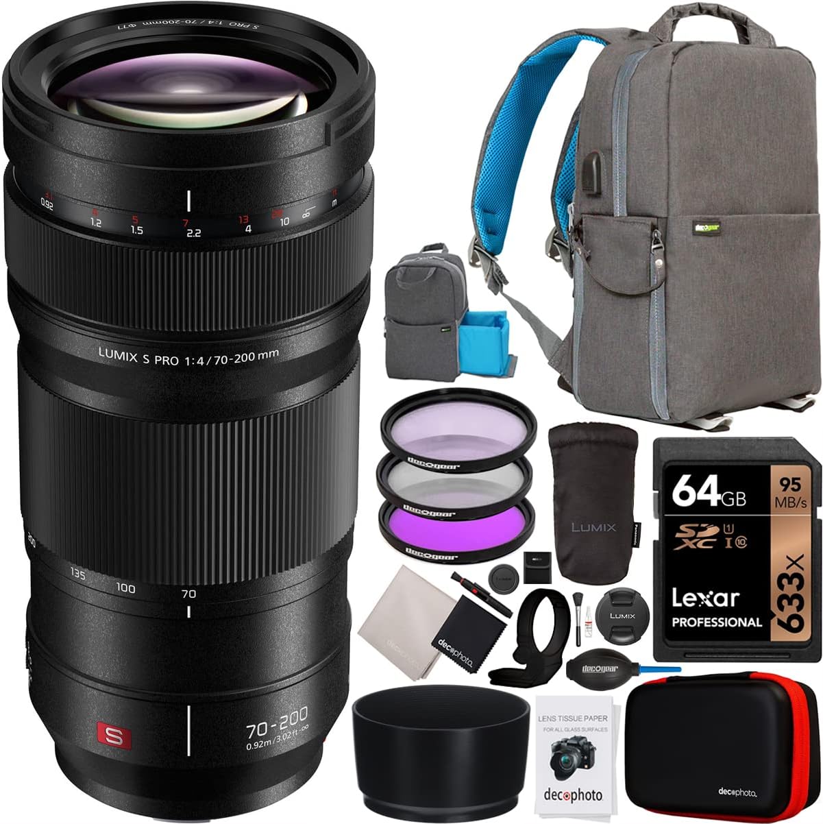 Panasonic 70-200mm F4 OIS Lens LUMIX S Pro Leica Certified for L-Mount Mirrorless Full Frame Cameras S-R70200 Bundle with Deco Gear Photography Backpack + UV/Polarizer/FLD Filter Kit + Accessories