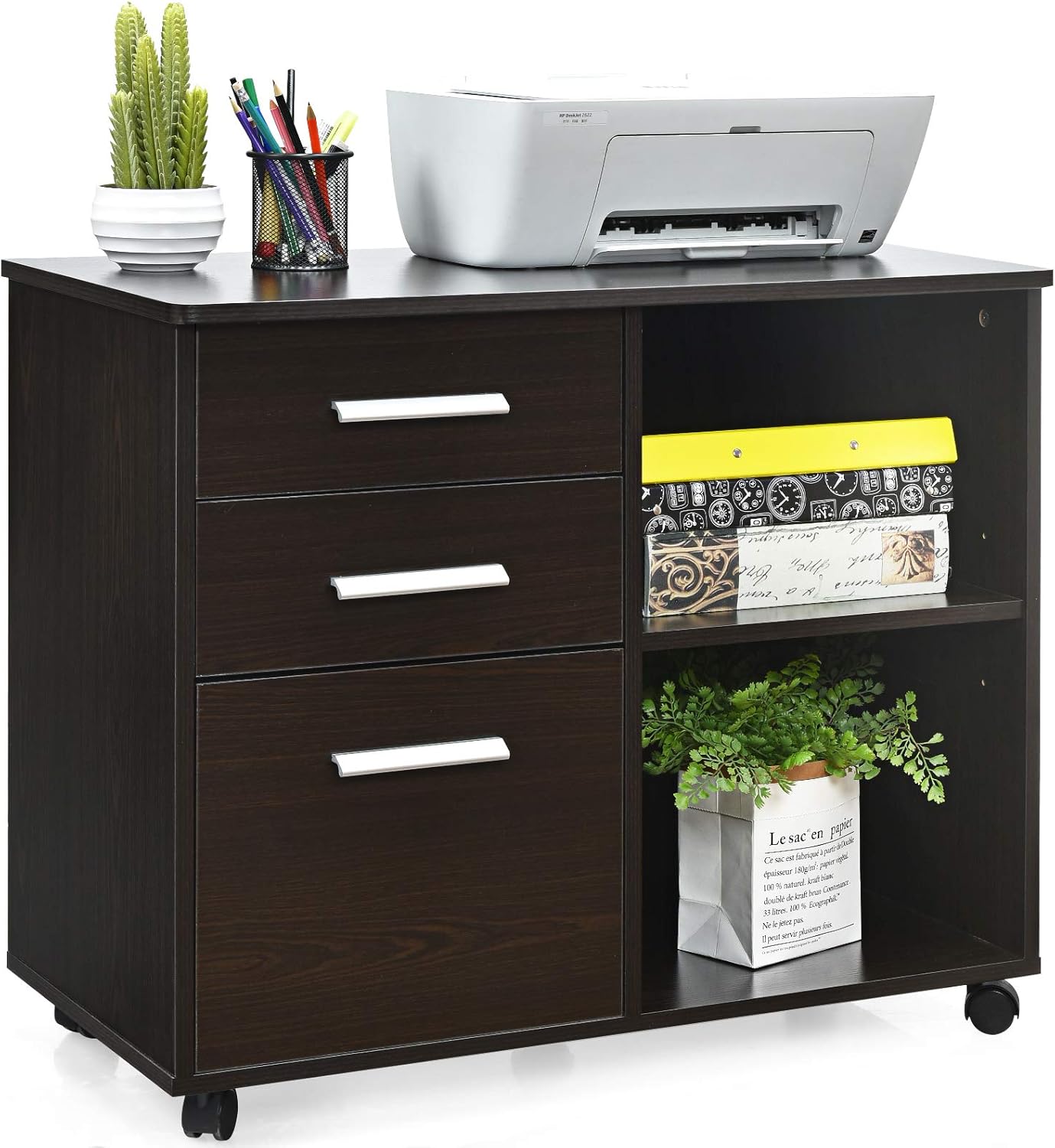 Giantex 3-Drawer File Cabinet, Mobile Lateral Filing Cabinet with Wheels, Large Printer Stand with 3 Drawers and Open Storage Shelves, Multifunctional Storage Cabinet for Home Office (Black)