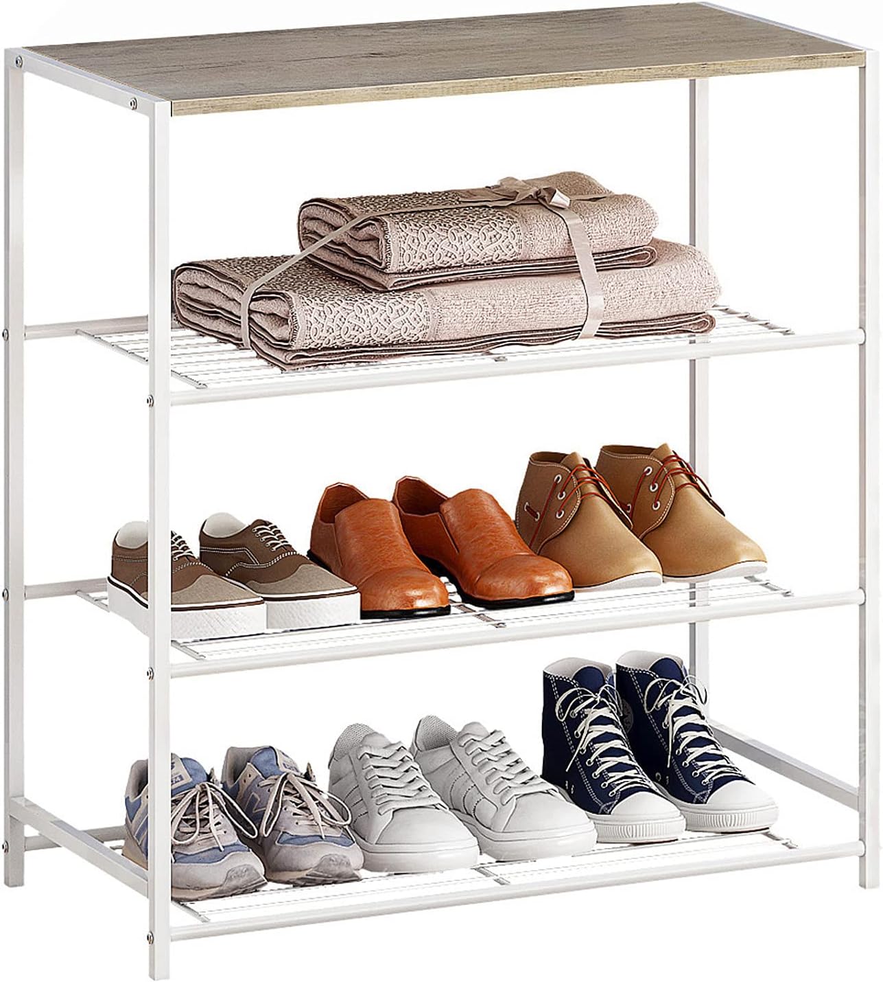 JEROAL 4 Tier Shoe Rack, Entry way Shoe Shelf and Shoe Stand, Shoe Storage Organizer with Wood Surface for Bags, Rustic Brown