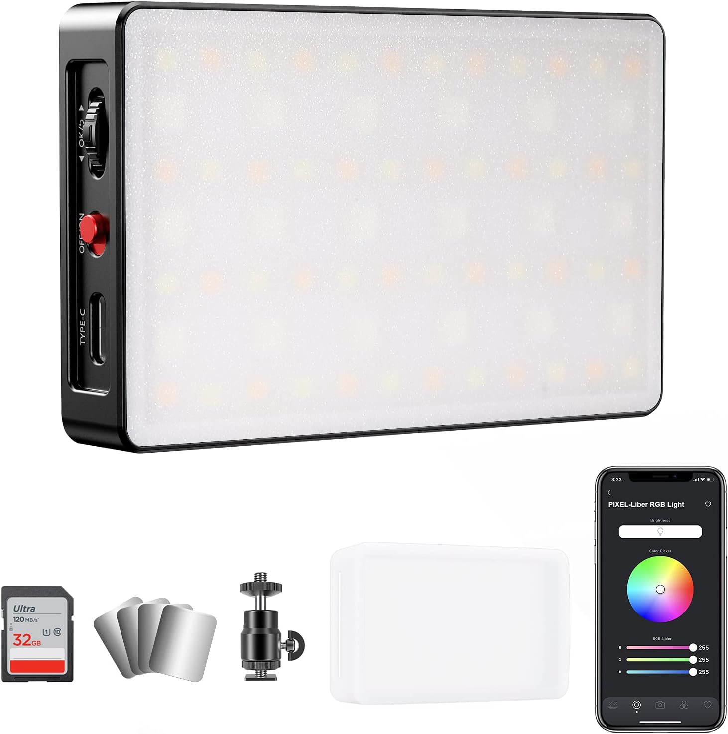 PIXEL Liber RGB Video Light with APP Control, Magnetic Adsorption Design, 0-765° Hue Range, 2500K-8500K, CRI95+, Pocket Light Panel for Photography, Video Conference, Tiktok, YouTube, Videography Pack of 2