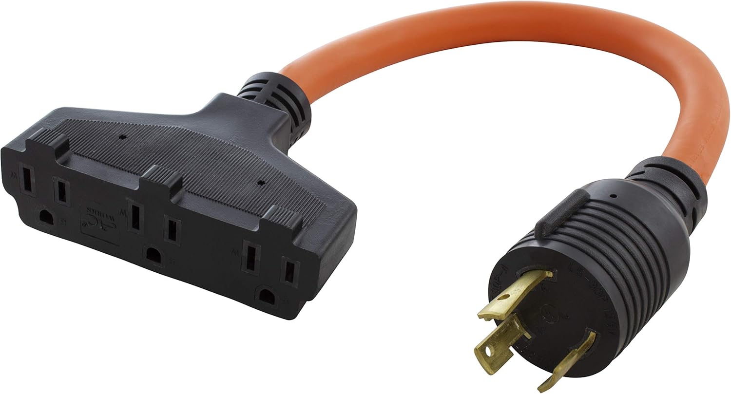 AC WORKS L5-30 30Amp 3-Prong Locking Generator Distribution Cord (1.5FT L5-30 to Tri-Household Flexible)