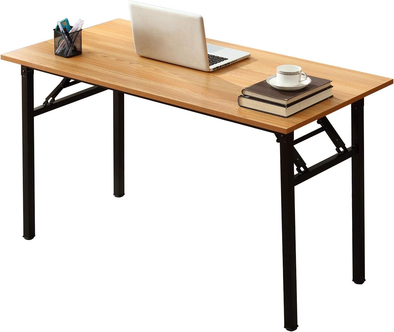 Need Small Computer Desk 31.5 inches Folding Table No Assembly Sturdy Small Writing Desk Folding Desk for Small Spaces, Teak Color Desktop and Black Steel Frame AC5-8040-BB