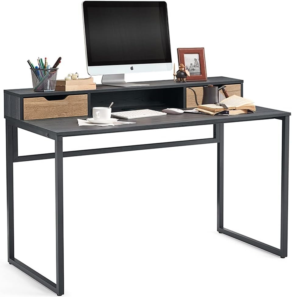 LINSY HOME 47 inch Home Office Desk Writing Study Gaming Desk with 2 Storage Drawers Monitor Stand Shelf Modern Simple Style Laptop Table Black.