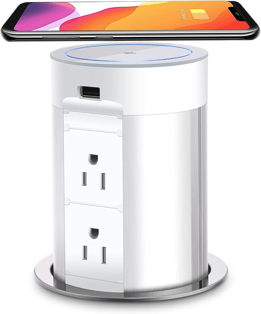 Pop up Outlet,pop up Power Strip with Wireless Charger,Retractable recessed Power Strip,4 AC Outlets, 2 USB Charging Ports (White)