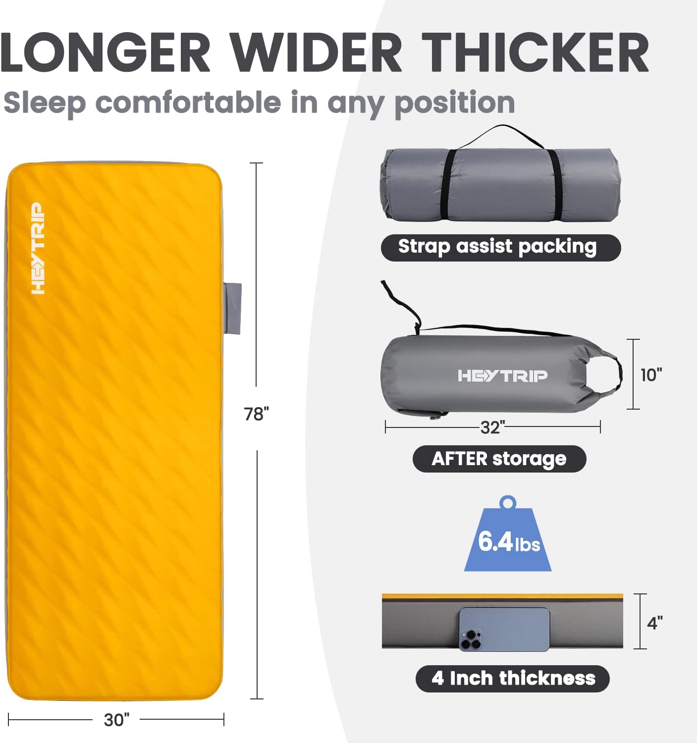 Heytrip 4 Inch Thick Self Inflating Sleeping Pad for Camping with 9.5 R-Value, Ultra Comfort Camping Foam Mattress with Pump Sack, Portable Camping Mat for 4-Season (78 x 30 x 4 Inch)