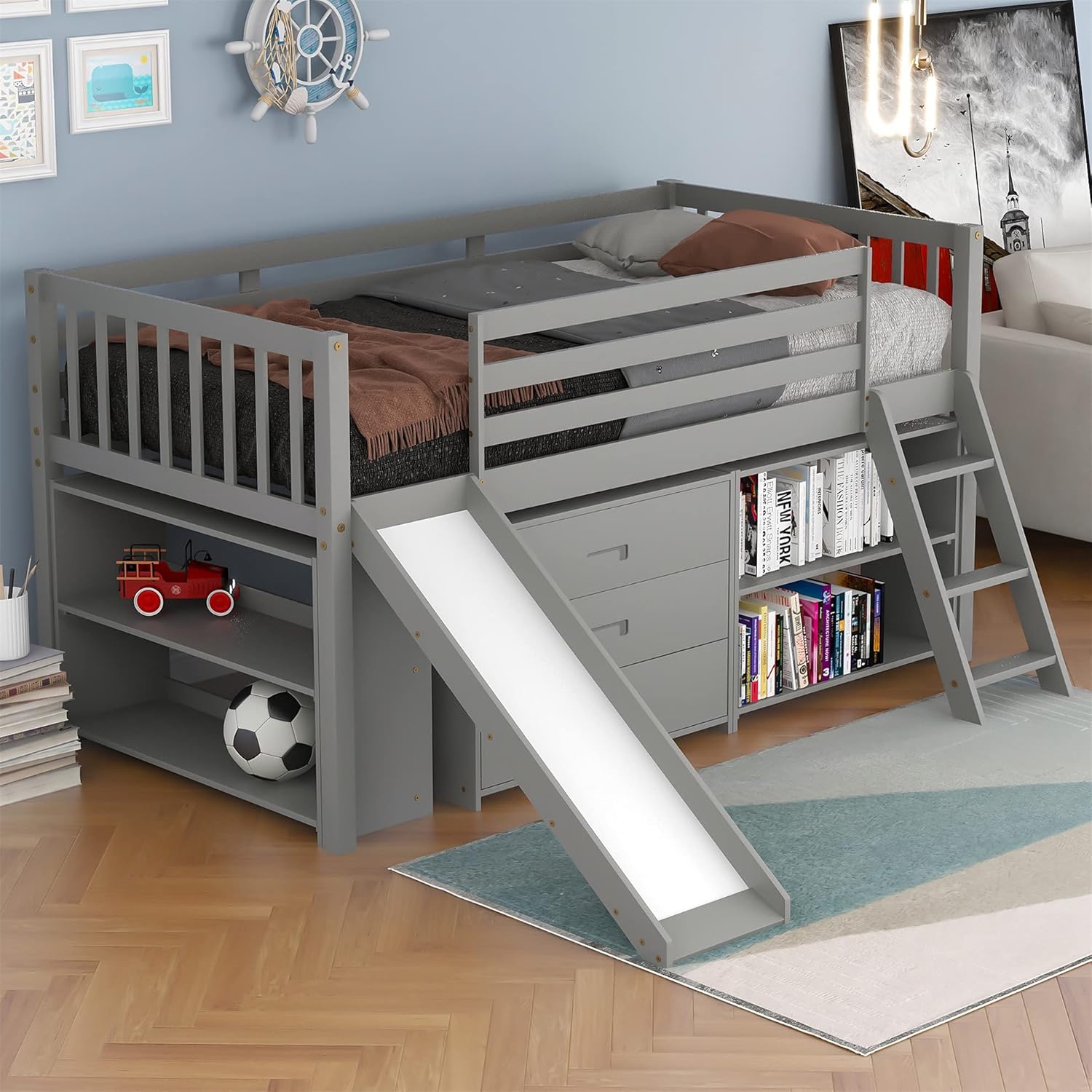 Twin Loft Bed with Slide and Storage, Solid Wood Low Loft Bed with Attached Bookcases and Separate 3-Tier Drawers, for Kids Girls Boys (Gray)
